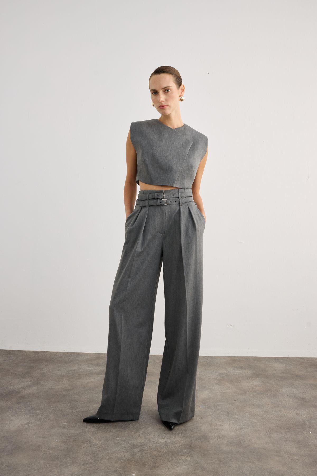 Wide-Leg Double Belt Detail Gray Trousers | Rue Les Createurs