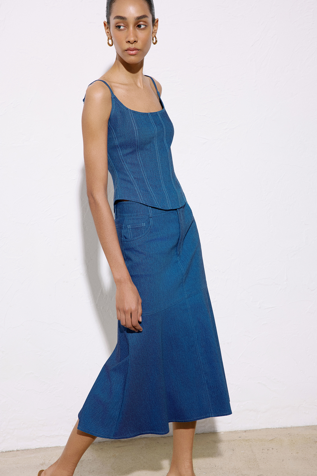 Denim Dokulu Midi Mavi Etek · 6