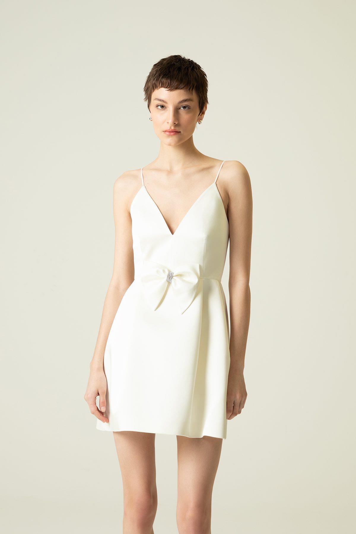 Bow Detail Thin Strap Ecru Mini Dress