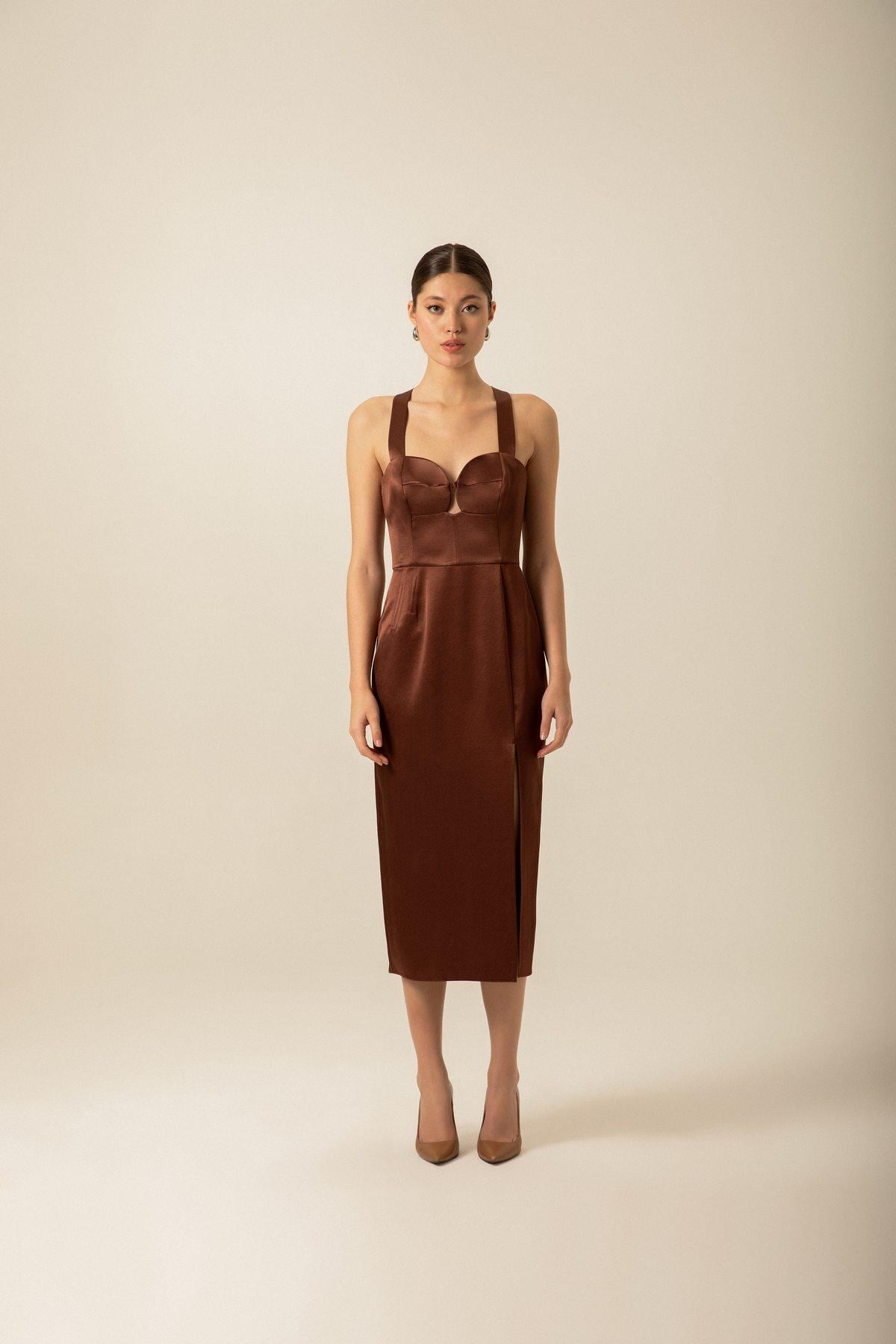 Bustier Brown Satin Midi Dress | Rue Les Crateurs