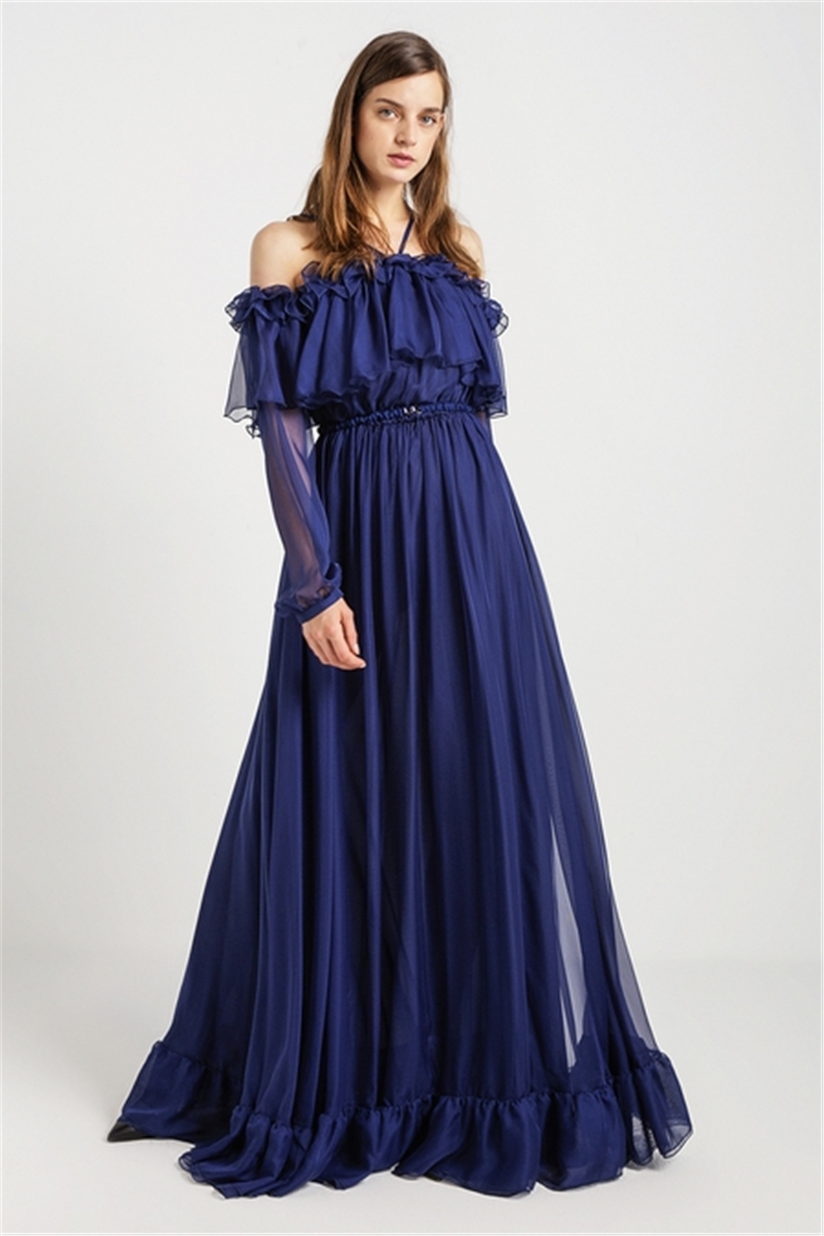 İpek Şifon Volanlı Uzun Elbise Lacivert | DRESSES | RUE
