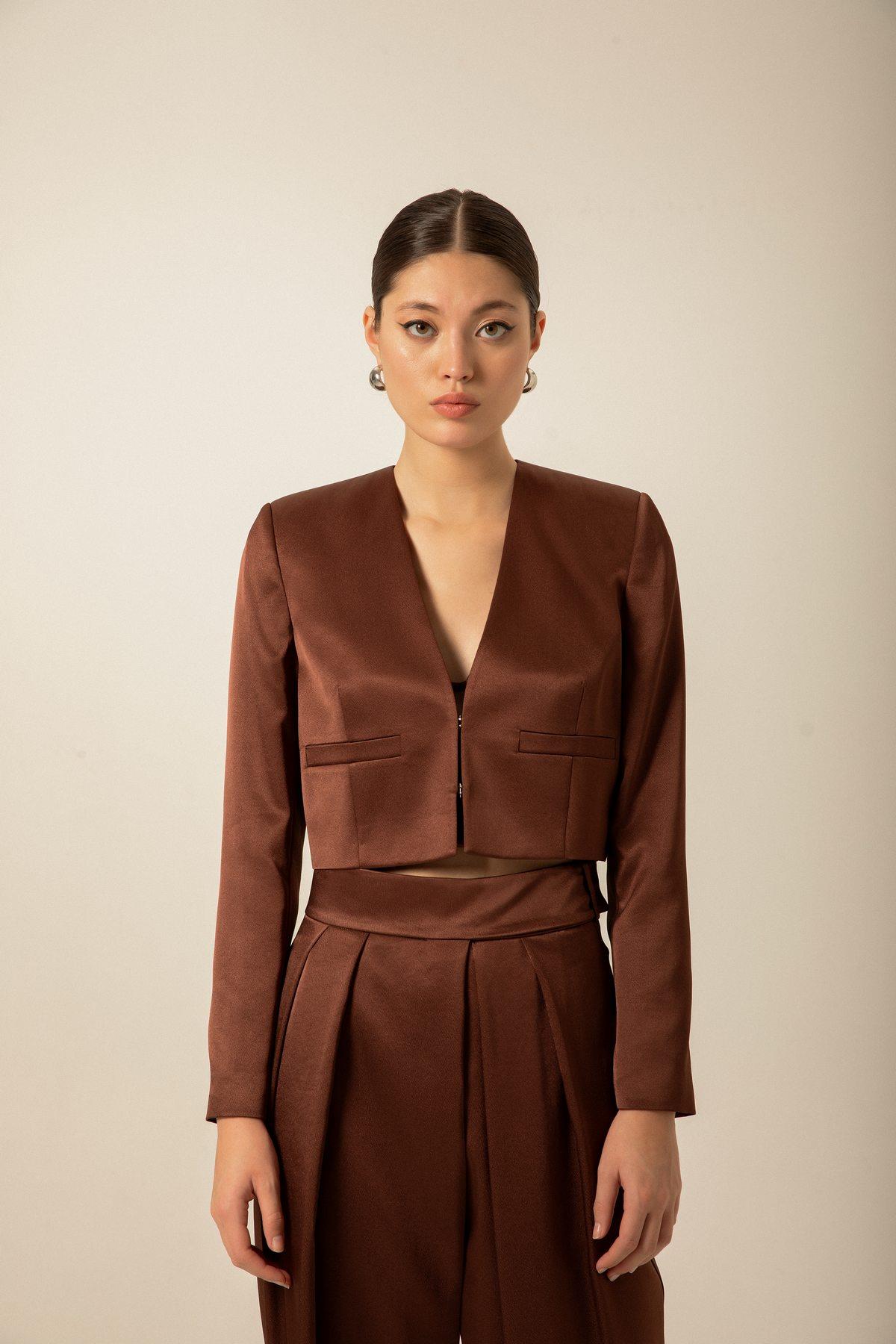 Kahverengi Saten Crop Ceket