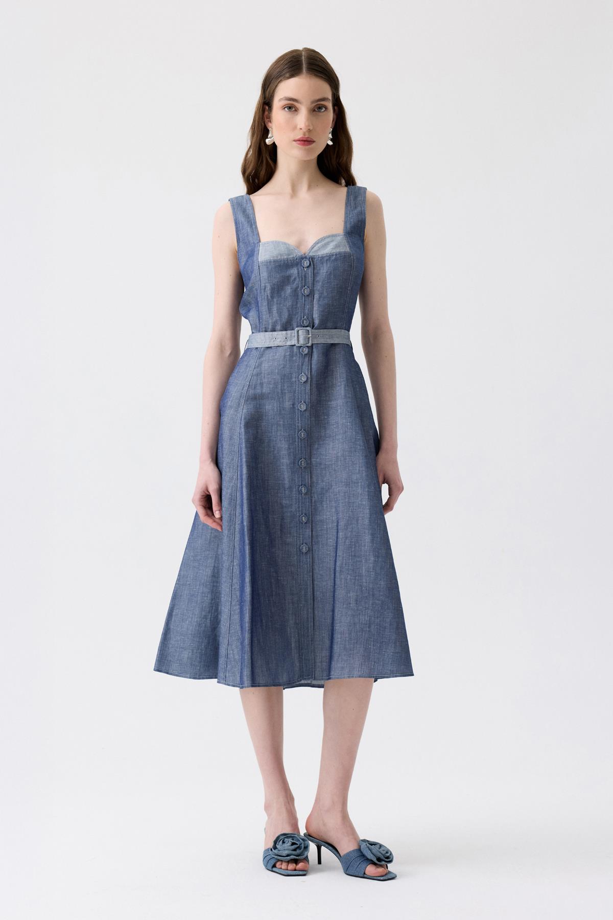 Belted Strappy Flared Navy Blue Dress | Rue Les Createurs
