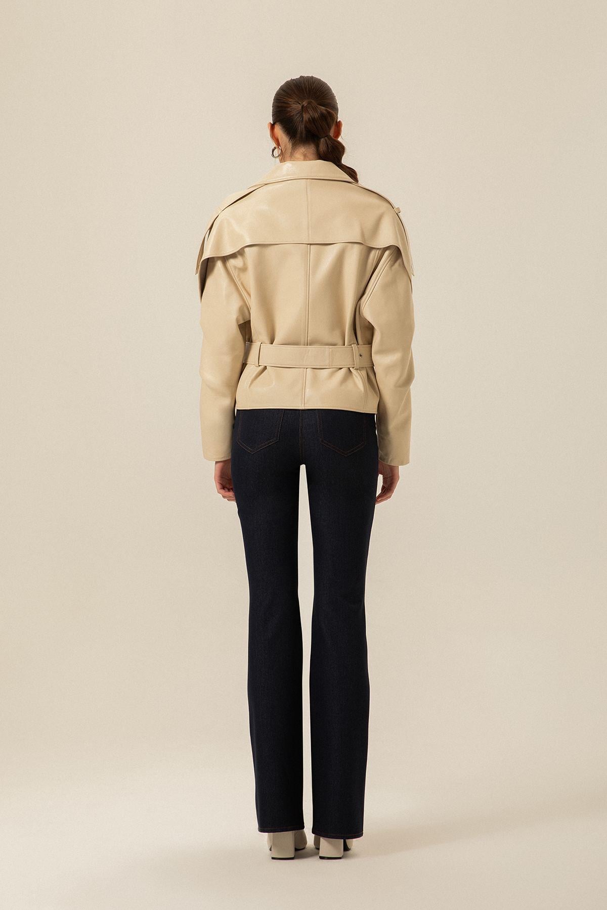 Belted Biker Ecru Leather Jacket | Rue Les Createurs