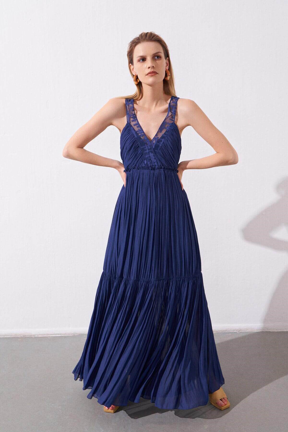 Navy Blue Flowy Long Dress With Organza Straps | Rue Les Createurs