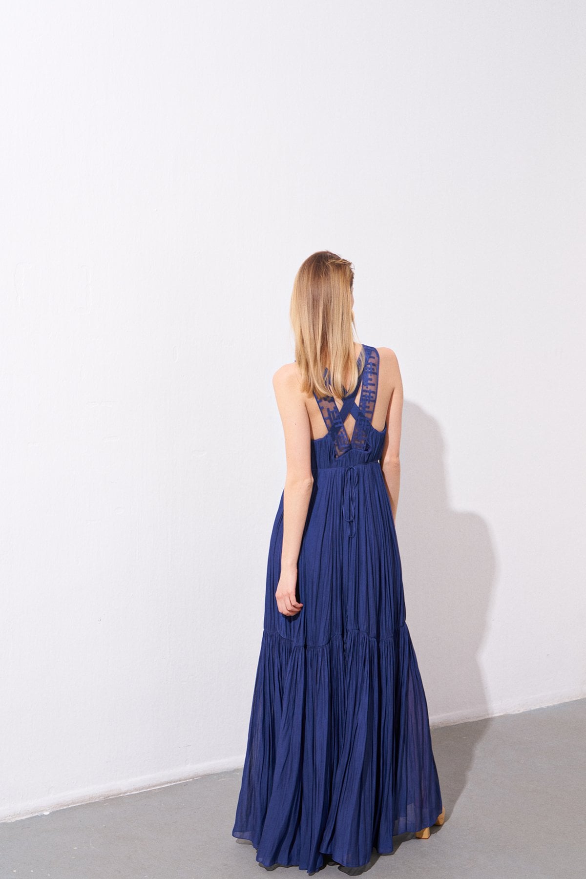 Navy Blue Flowy Long Dress With Organza Straps | Rue Les Createurs