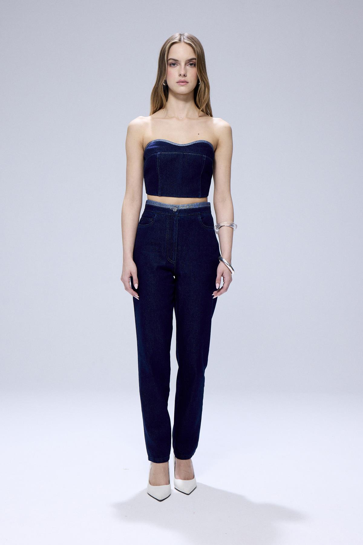 Sim Detaylı Straplez Lacivert Denim Büstiyer · 5