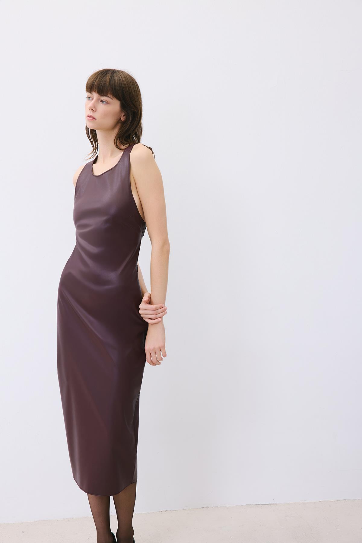 plum leather dress Midi With Open Back PATTERNS