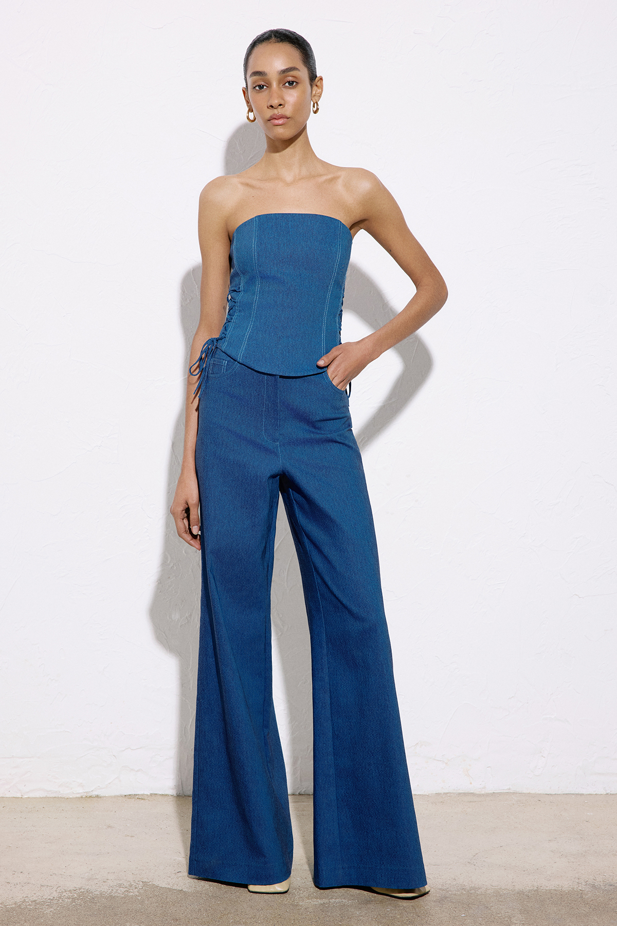 3★新品★ LE’RURE Drepe bustier set up pants Straplez Denim Dokulu Crop Mavi Büstiyer | Rue Les Créateurs