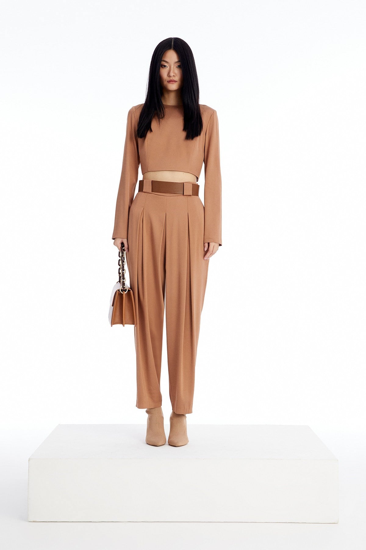 Uzun Kollu Camel Crop Bluz