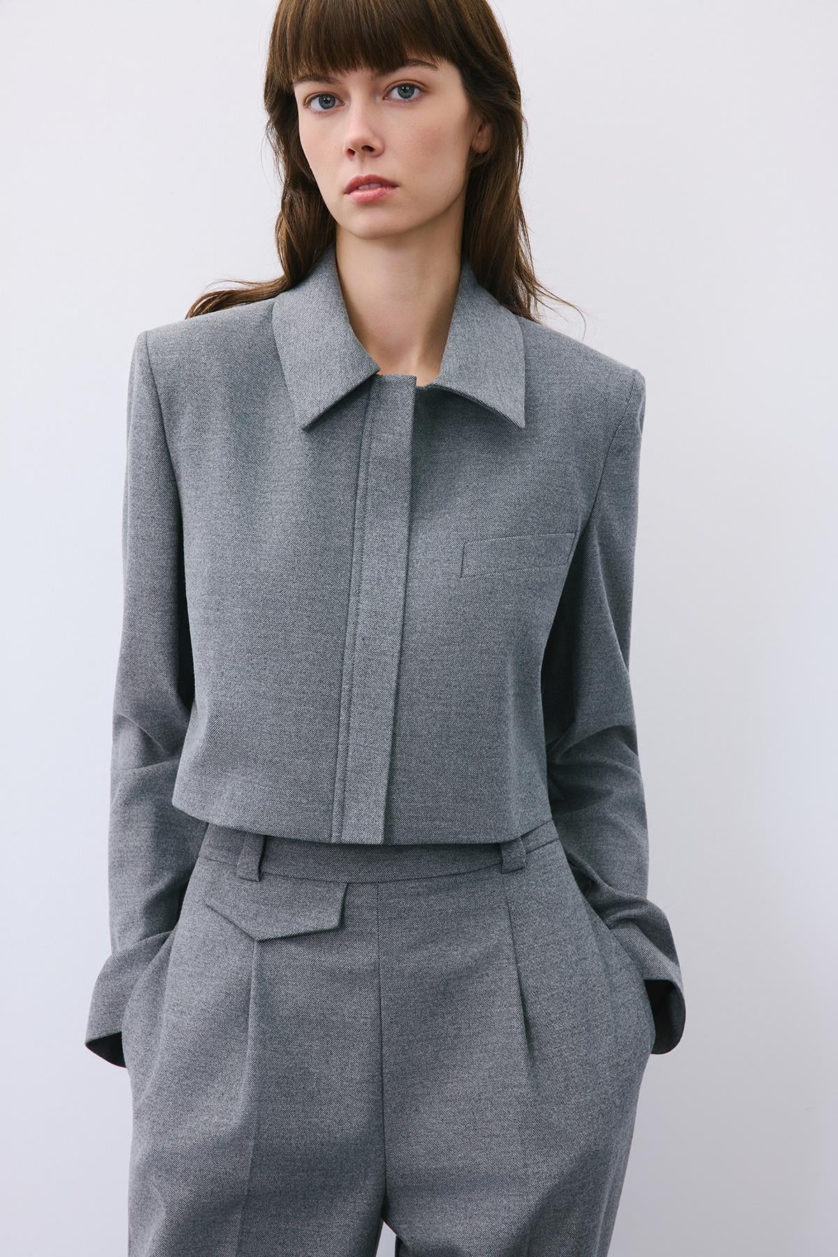Grey Wool-Blend Zip-Up Crop Jacket | Rue Les Createurs