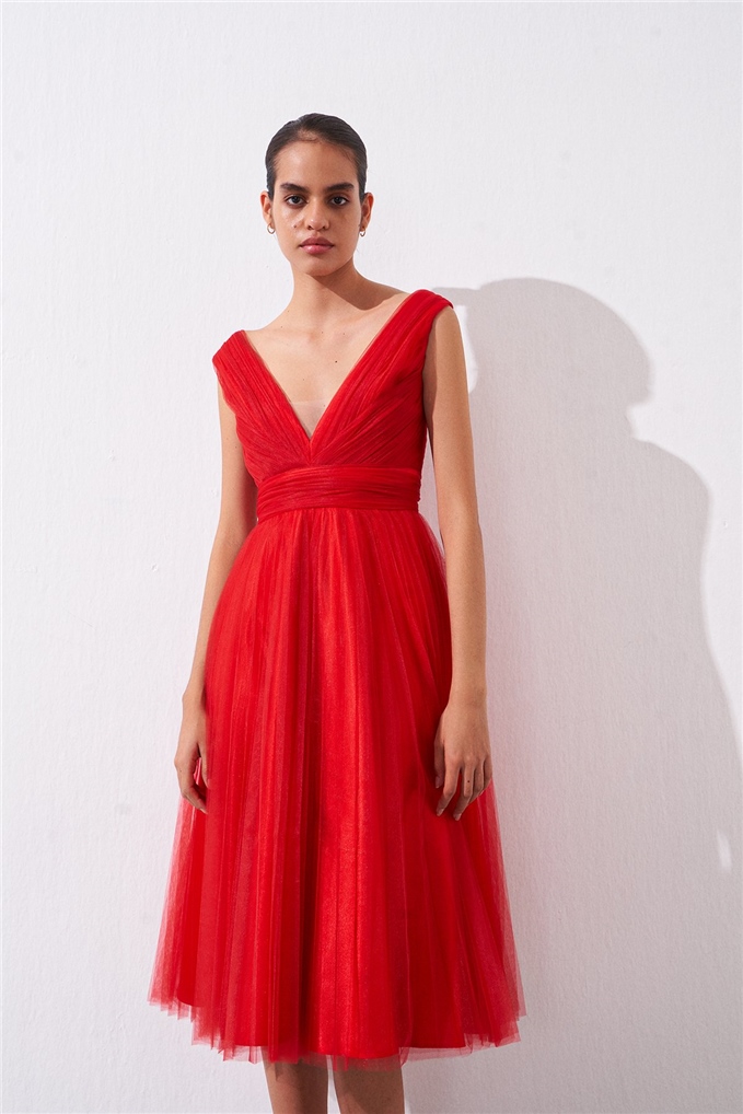 Kırmızı Dökümlü Tül Elbise | Elbise | RUE