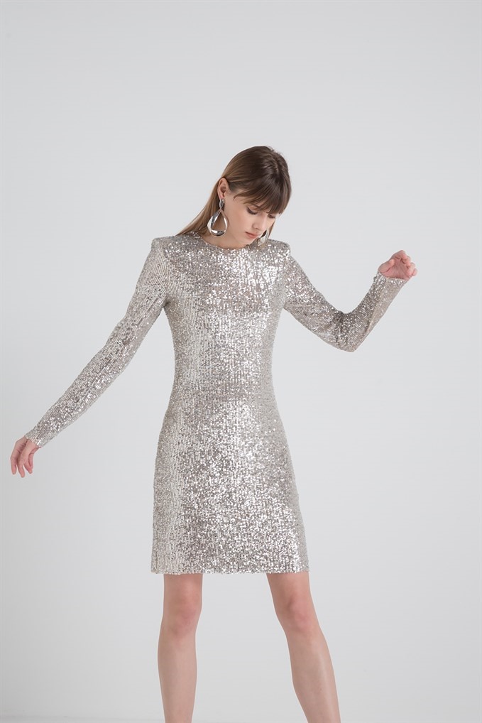 Vatka Detaylı Pul Gümüş Payet Elbise | DRESSES | RUE