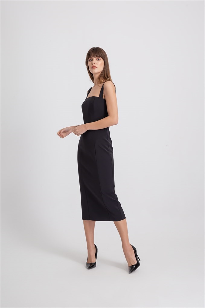 Küt Yaka Kalın Askı Siyah Diz Altı Elbise | DRESSES | RUE