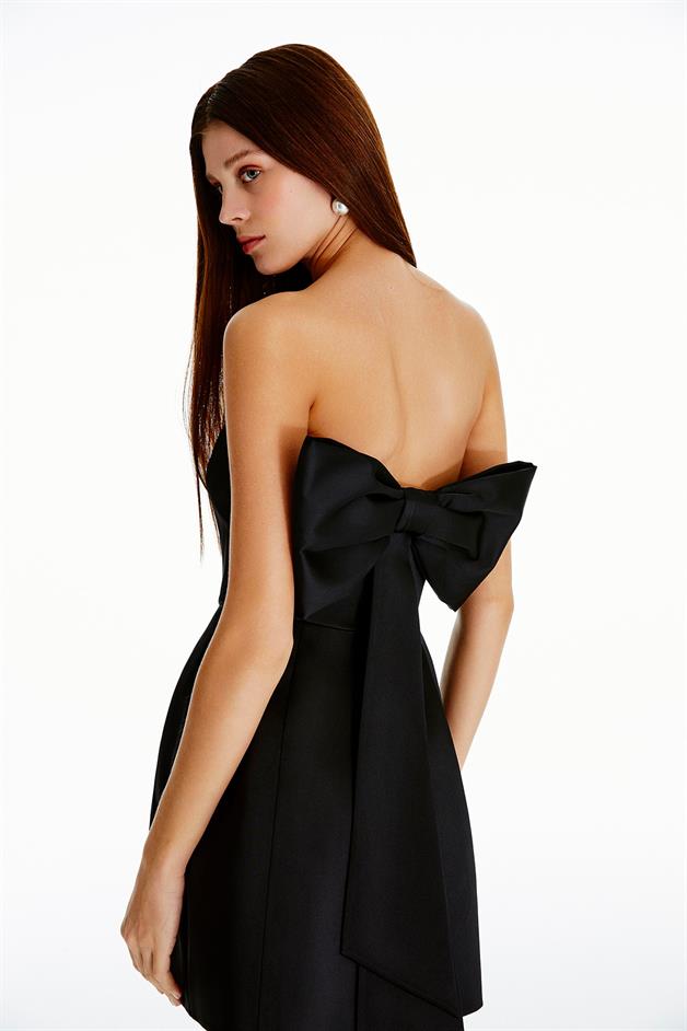 Arkası Fiyonk Detaylı Siyah Mini Elbise | Online Sipariş