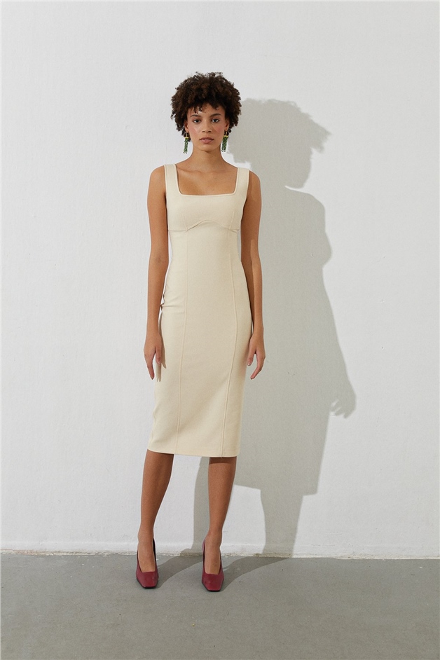 Ekru Kare Yaka Askılı Midi Elbise Online Sipariş | Rue Les Createurs
