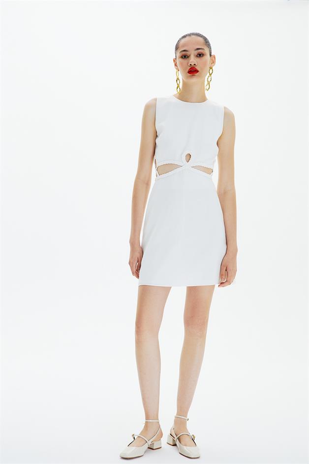 Dekolte Detaylı Ekru Mini Elbise | Online Sipariş