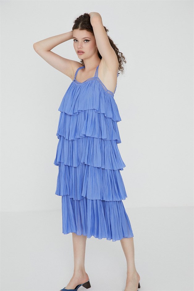 Fırfırlı Mavi Dökümlü Elbise Online Sipariş