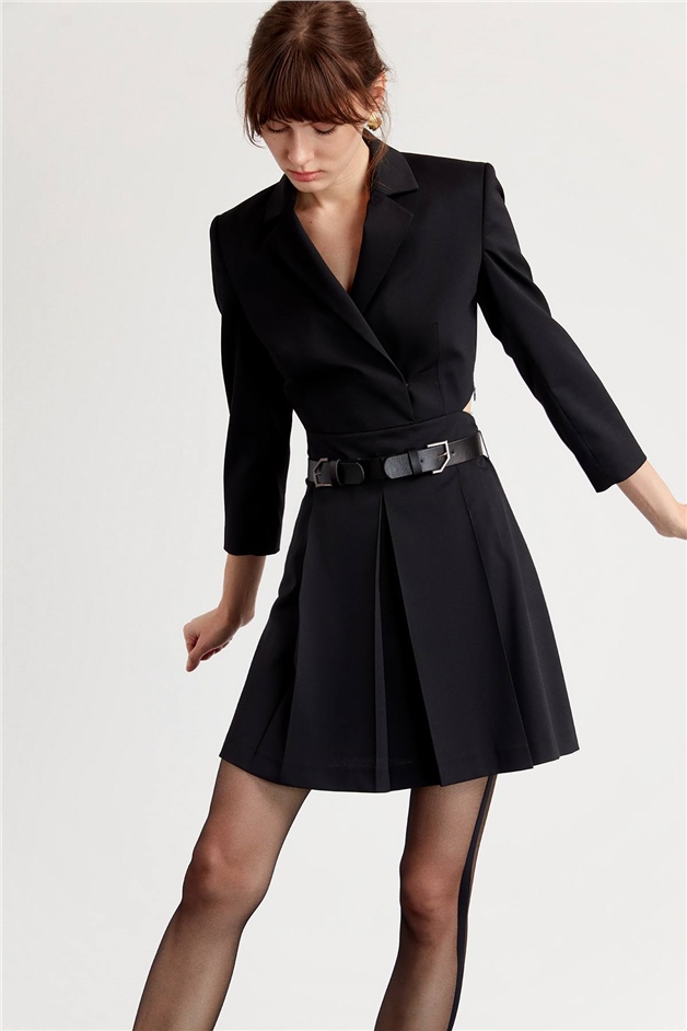 Sırt Dekolteli Kemerli Siyah Ceket Elbise Online Sipariş | Rue Les Createurs