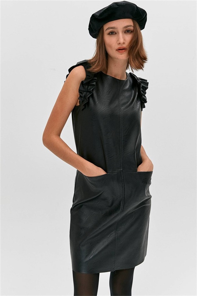 Siyah Volanlı Suni Deri Elbise | DRESSES | XTSY