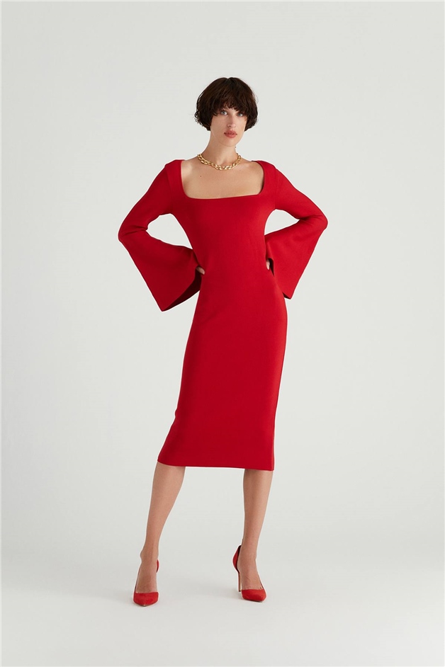 Kırmızı Kare Yaka Uzun Kollu Midi Triko Elbise Online Sipariş | Rue Les  Createurs