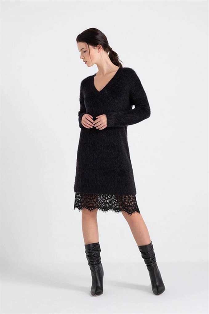 Tüylü İp, Etek Ucu Dantelli Triko Elbise Siyah Renk | DRESSES | RUE
