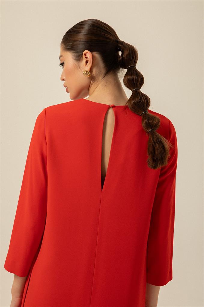Uzun Kollu Kırmızı Mini Elbise | Rue Online Satış