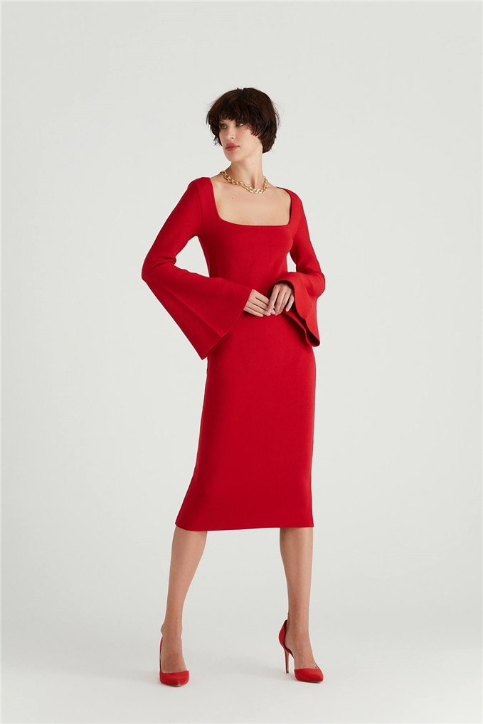Kırmızı Kare Yaka Uzun Kollu Midi Triko Elbise Online Sipariş | Rue Les  Createurs