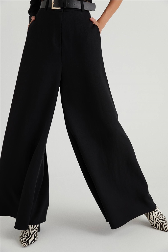 Yüksek Bel Kemerli Geniş Kesim Siyah Pantolon | PANTS | RUE