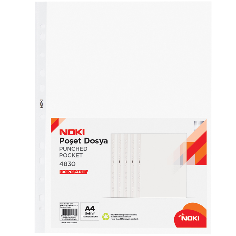 Noki Eco A4 Delikli Şeffaf Poşet Dosya 100 'lü