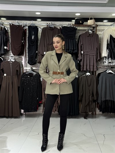 Açık Haki Kemer Detaylı Blazer Ceket