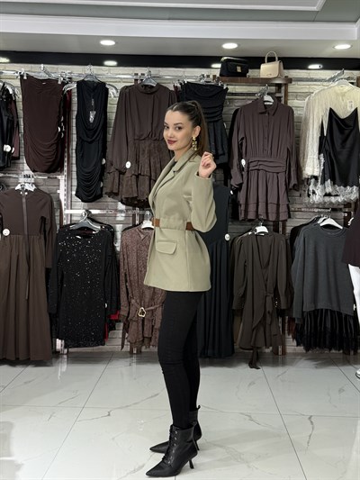 Açık Haki Kemer Detaylı Blazer Ceket