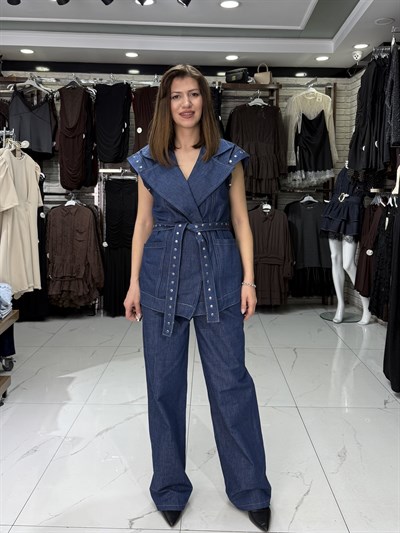 Mavi Zımba Detay Yelek Takım