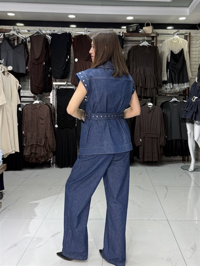 Mavi Zımba Detay Yelek Takım