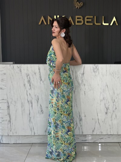 Ay Akseaurlı Yeşil Desenli Elbise