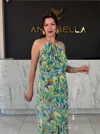 Ay Akseaurlı Yeşil Desenli Elbise