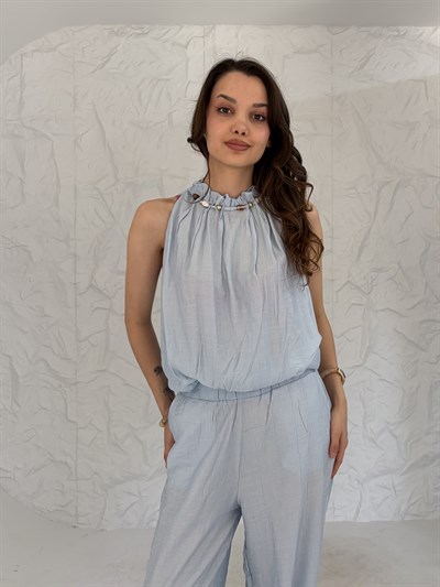 Bebe Mavisi Çilek Yaka Boncuk Detaylı Takım