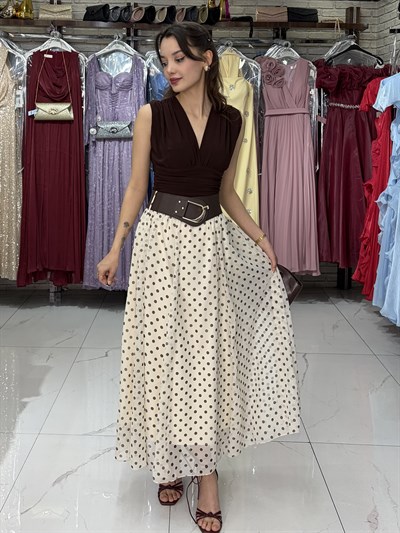 Bej  Kemer Detay Puantiyeli Şifon Etek