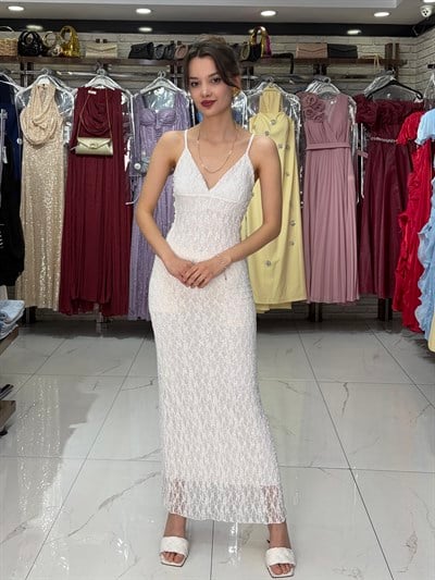 Beyaz Dantel İp Askılı Elbise