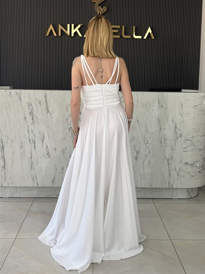 Beyaz Degaje Yaka Saten Abiye