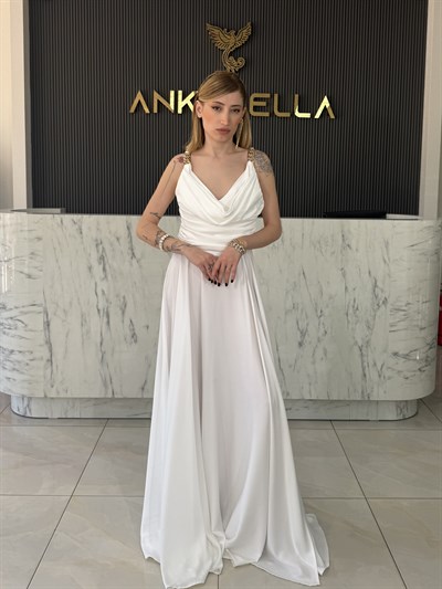 Beyaz Degaje Yaka Saten Abiye