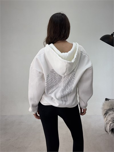 Beyaz Fermuarlı Melek Sweat