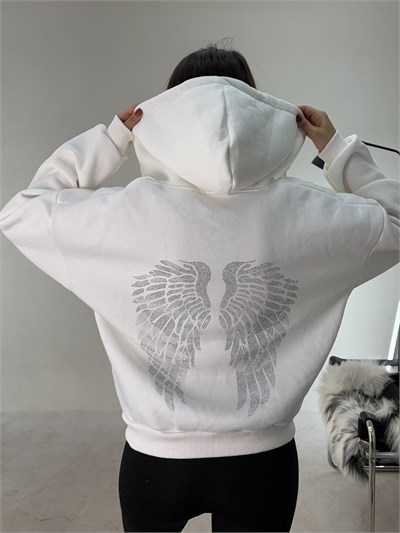 Beyaz Fermuarlı Melek Sweat