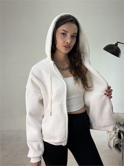Beyaz Fermuarlı Melek Sweat