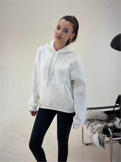 Beyaz Yıldız Baskılı Taşlı Sweat