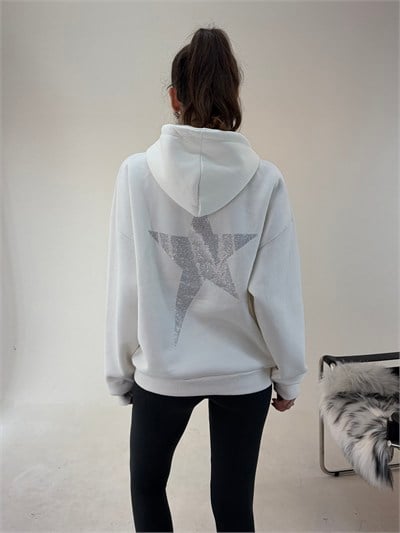 Beyaz Yıldız Baskılı Taşlı Sweat