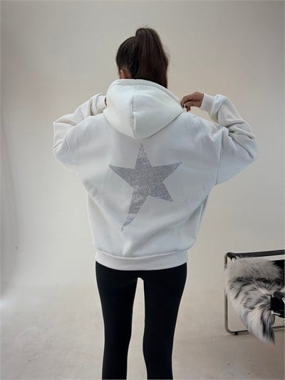Beyaz Yıldız Baskılı Taşlı Sweat