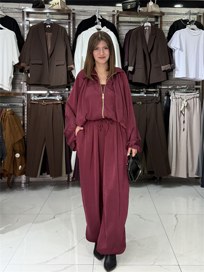 Bomber Ceketli Bordo Saten Takım 