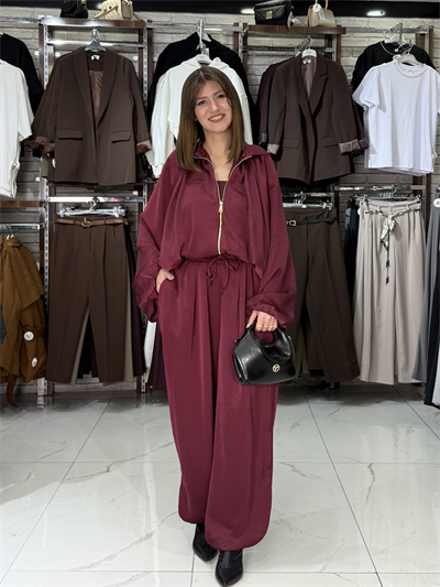 Bomber Ceketli Bordo Saten Takım 