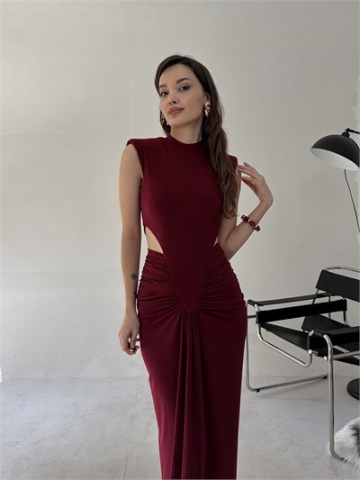Bordo Bel Dekolteli Drapeli Elbise